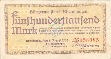 Rheinhausen , Banknote 500.000 Mark Schein gbr. Keller 4557.a , Rheinland 1923 Inflation
