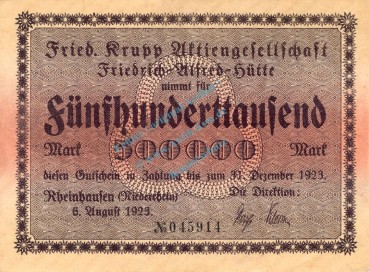 Rheinhausen , Banknote 500.000 Mark unc-kfr. Keller 4558.b , Rheinland 1923 Inflation
