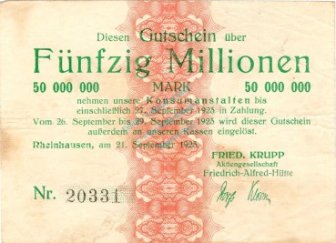 Rheinhausen , Banknote 50 Millionen Mark gbr. Keller 4558.e , Rheinland 1923 Inflation
