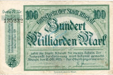Rheydt , Banknote 100 Milliarden Mark Schein gbr. Keller 4561.u , Rheinland 1923 Inflation