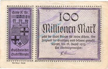 Rheydt , Banknote 100 Millionen Mark Schein gbr. Keller 4561.g, Rheinland 1923 Inflation