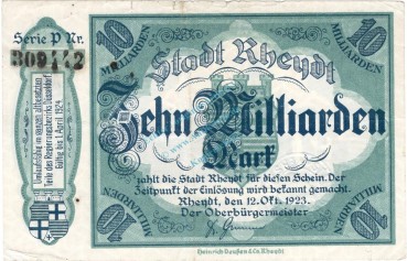 Rheydt , Banknote 10 Milliarden Mark Schein gbr. Keller 4561.u , Rheinland 1923 Inflation