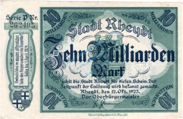 Rheydt , Banknote 10 Milliarden Mark Schein L-gbr. Keller 4561.u , Rheinland 1923 Inflation