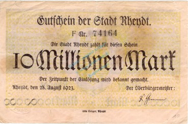 Rheydt , Banknote 10 Millionen Mark Schein gbr. Keller 4561.g , Rheinland 1923 Inflation
