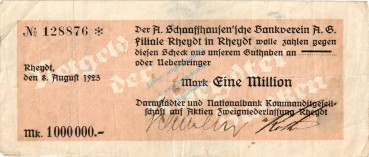 Rheydt , Banknote 1 Million Mark Scheck gbr. Keller 4563.k , Rheinland 1923 Inflation