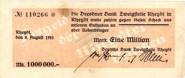 Rheydt , Banknote 1 Million Mark Scheck gbr. Keller 4564.g , Rheinland 1923 Inflation