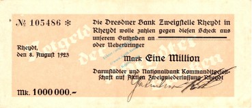 Rheydt , Banknote 1 Million Mark Scheck L-gbr. Keller 4563.g , Rheinland 1923 Inflation