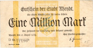Rheydt , Banknote 1 Million Mark Schein gbr. Keller 4561.c , Rheinland 1923 Inflation