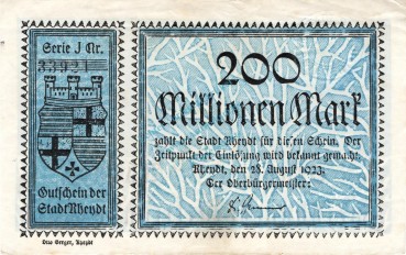 Rheydt , Banknote 200 Millionen Mark Schein gbr. Keller 4561.h-i , Rheinland 1923 Inflation