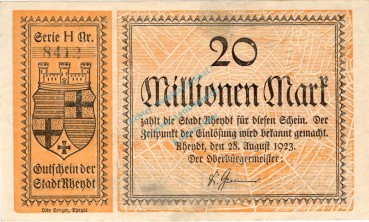 Rheydt , Banknote 20 Millionen Mark Schein gbr. Keller 4561.f , Rheinland 1923 Inflation