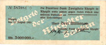 Rheydt , Banknote 3 Millionen Mark Scheck gbr. Keller 4564.e , Rheinland 1923 Inflation