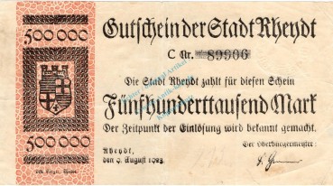 Rheydt , Banknote 500.000 Mark Schein gbr. Keller 4561.b , Rheinland 1923 Inflation