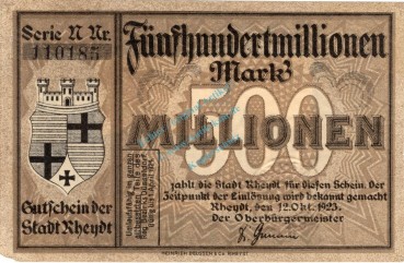 Rheydt , Banknote 500 Millionen Mark Schein F-kfr. Keller 4561.q , Rheinland 1923 Inflation