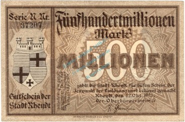 Rheydt , Banknote 500 Millionen Mark Schein L-gbr. Keller 4561.r , Rheinland 1923 Inflation