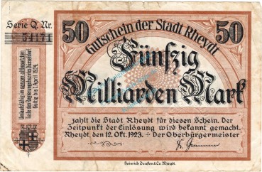 Preview: Rheydt , Banknote 50 Milliarden Mark Schein gbr-. Keller 4561.u , Rheinland 1923 Inflation