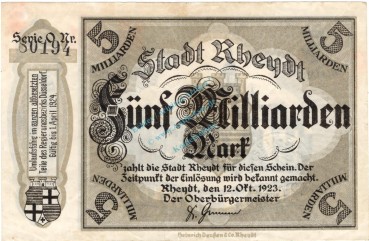 Rheydt , Banknote 5 Milliarden Mark Schein gbr. Keller 4561.u , Rheinland 1923 Inflation