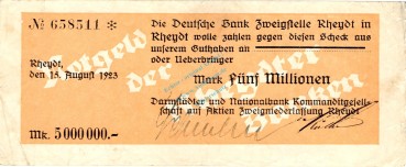 Rheydt , Banknote 5 Millionen Mark Scheck gbr. Keller 4563.f , Rheinland 1923 Inflation