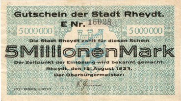 Rheydt , Banknote 5 Millionen Mark Schein gbr. Keller 4561.e , Rheinland 1923 Inflation
