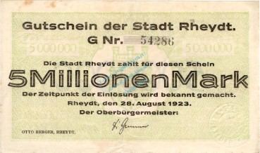 Rheydt , Banknote 5 Millionen Mark Schein gbr. Keller 4561.f , Rheinland 1923 Inflation