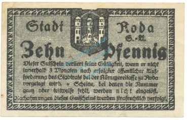 Preview: Notgeld Roda , Einzelschein über 10 Pfennig , Tieste 6085.01 , von 1918 , Thüringen kassenfrisch