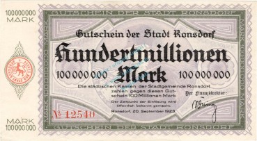 Ronsdorf , Banknote 100 Millionen Mark Schein unc-kfr. Keller 4618.f , Rheinland 1923 Inflation