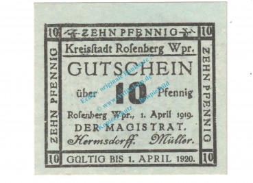 Rosenberg , Notgeld 10 Pfennig Schein in kfr. Tieste 6185.05.10 , Westpreussen 1919 Verkehrsausgabe