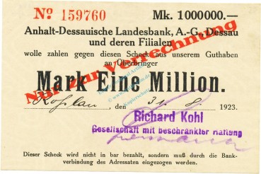Rosslau , Banknote 1 Million Mark Scheck unc-kfr. Keller 4634.e , Anhalt 1923 Inflation