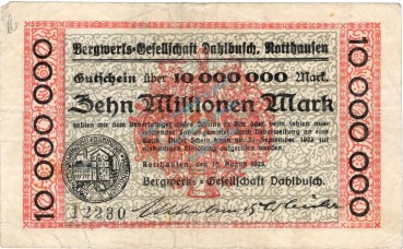 Rotthausen , Banknote 10 Millionen Mark Schein gbr. Keller 4652.b , Rheinland 1923 Inflation
