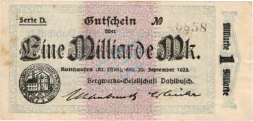 Rotthausen , Banknote 1 Milliarde Mark Schein unc-kfr. Keller 4652.c , Rheinland 1923 Inflation