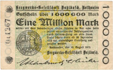 Rotthausen , Banknote 1 Million Mark Schein gbr. Keller 4652.a , Rheinland 1923 Inflation