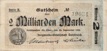 Rotthausen , Banknote 2 Milliarden Mark Schein gbr. Keller 4652.c , Rheinland 1923 Inflation