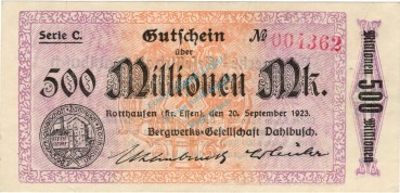 Rotthausen , Banknote 500 Millionen Mark Schein unc-kfr. Keller 4652.c , Rheinland 1923 Inflation