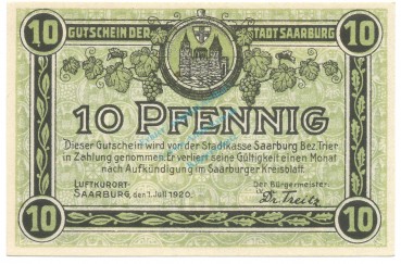 Saarburg , Notgeld 10 Pfennig Schein unc-kfr. Ti.6340.10.01 RHL 1920 Verkehrsausgabe -4311-