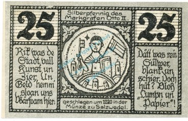 Salzwedel , Notgeld 25 Pfennig -Fehldruck- unc-kfr. M-G 1162.1 , SA 1921 Seriennotgeld -5818-