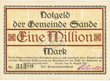 Sande , Banknote 1 Million Mark Schein L-gbr. Keller 4700.c , Schleswig 1923 Inflation