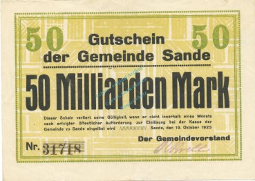 Sande , Banknote 50 Milliarden Mark Schein gbr. Keller 4700.e , Schleswig 1923 InflationSande , Banknote 50 Milliarden Mark Schein gbr. Keller 4700.e , Schleswig 1923 Inflation