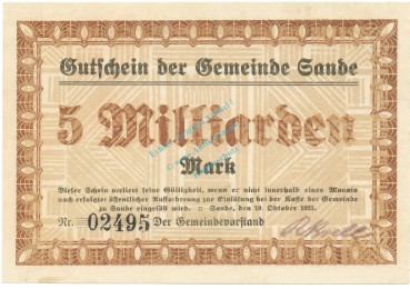 Sande , Banknote 5 Milliarden Mark Schein unc-kfr. Keller 4700.e , Schleswig 1923 Inflation