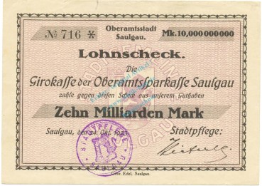 Saulgau , Banknote 10 Milliarden Mark Scheck unc- Keller 4721.i , Württemberg 1923 Inflation