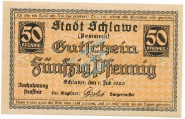 Schlawe , Notgeld 50 Pfennig Schein unc-kfr. Ti.6530.05.10 POM 1920 Verkehrsausgabe -4310-