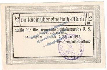 Schlesiengrube , Notgeld 0,50 Mark Schein in kfr. Tieste 6555.05.02 , Oberschlesien 1917 Verkehrsausgabe