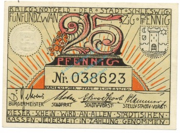 Schleswig , Notgeld 25 Pfennig Schein unc-kfr. Ti.6560.10.40 SH o.D. Verkehrsausgabe -4292-