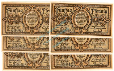 Schmalkalden , Notgeld Set --6 x KN fortlaufend-- unc-kfr. M-G 1184.1 , Thüringen 1921 Seriennotgeld