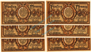 Schmalkalden , Notgeld Set --6 x KN fortlaufend-- unc-kfr. M-G 1184.2 , Thüringen 1921 Seriennotgeld