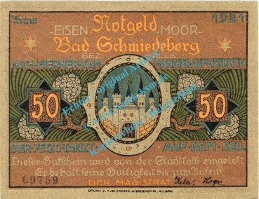 Preview: Schmiedeberg , Notgeld 50 Pfennig Nr.2 -Glanzdruck- in kfr. M-G 1186.1.a , Sachsen Anhalt 1921 Seriennotgeld