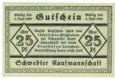 Schwedt , Notgeld 25 Pfennig Schein unc-kfr. Ti.6770.05.02 BBG o.D. Verkehrsausgabe -4300-