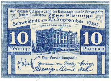 Schweidnitz , Notgeld 10 Pfennig Schein unc-kfr. Ti.6775.15.01 SLN 1920 Verkehrsausgabe -4260-