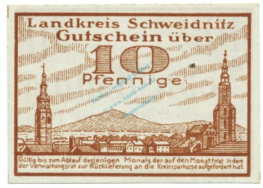 Preview: Schweidnitz , Notgeld 10 Pfennig Schein unc-kfr. Ti.6775.15.05 SLN 1921 Verkehrsausgabe -4261-