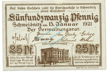 Schweidnitz , Notgeld 25 Pfennig Schein unc-kfr. Ti.6775.15.06 SLN 1921 Verkehrsausgabe -4262-