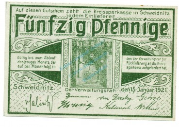 Schweidnitz , Notgeld 50 Pfennig Schein unc-kfr. Ti.6775.15.07 SLN 1921 Verkehrsausgabe -4263-