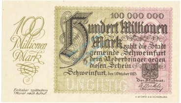 Schweinfurt , Banknote 100 Millionen Mark -MUSTER- unc-kfr. Keller 5092... Bayern 1923 Inflation